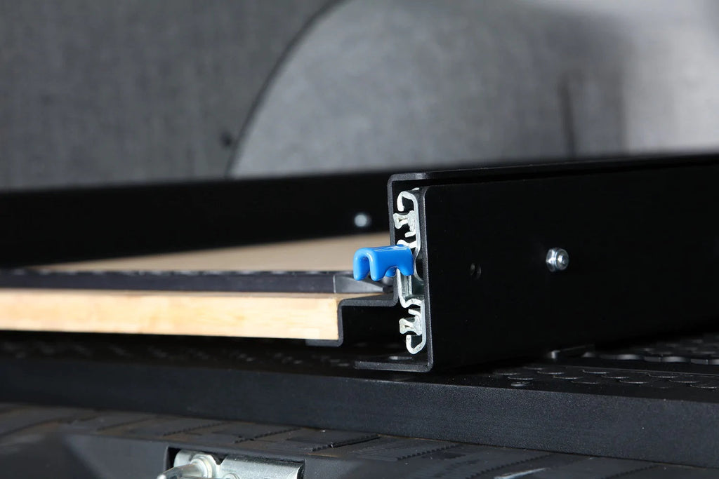 Front view of the RB Components 48 Inch DIY Slide Tray Kit, a full extension slide tray with a timber deck for van cargo