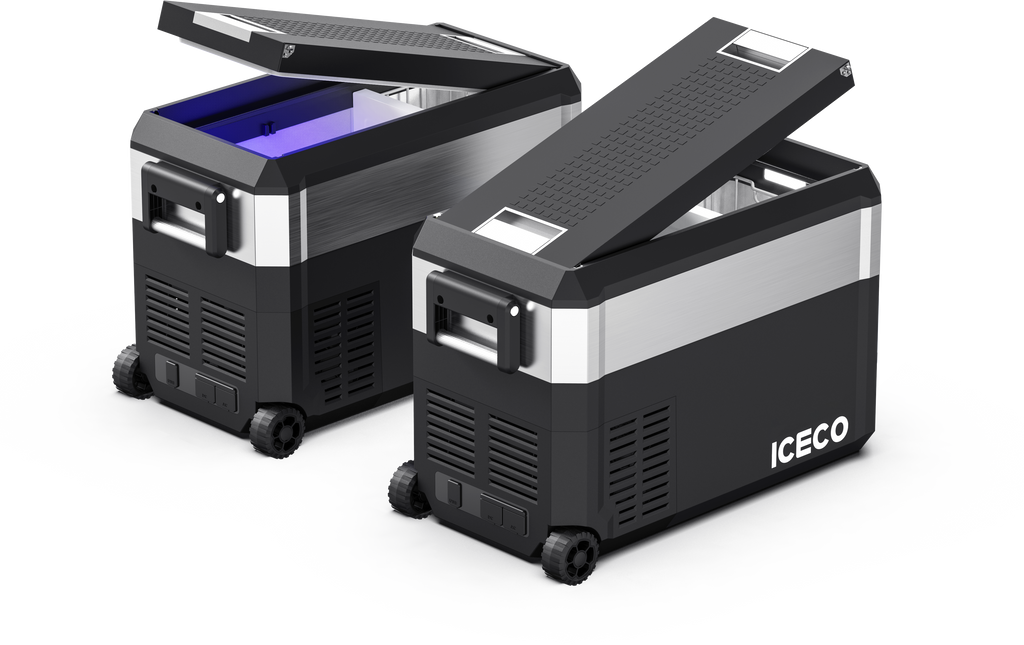 ICECO JP40 Pro dual zone wheeled fridge freezer with both lids open, showing the two cooling zones
