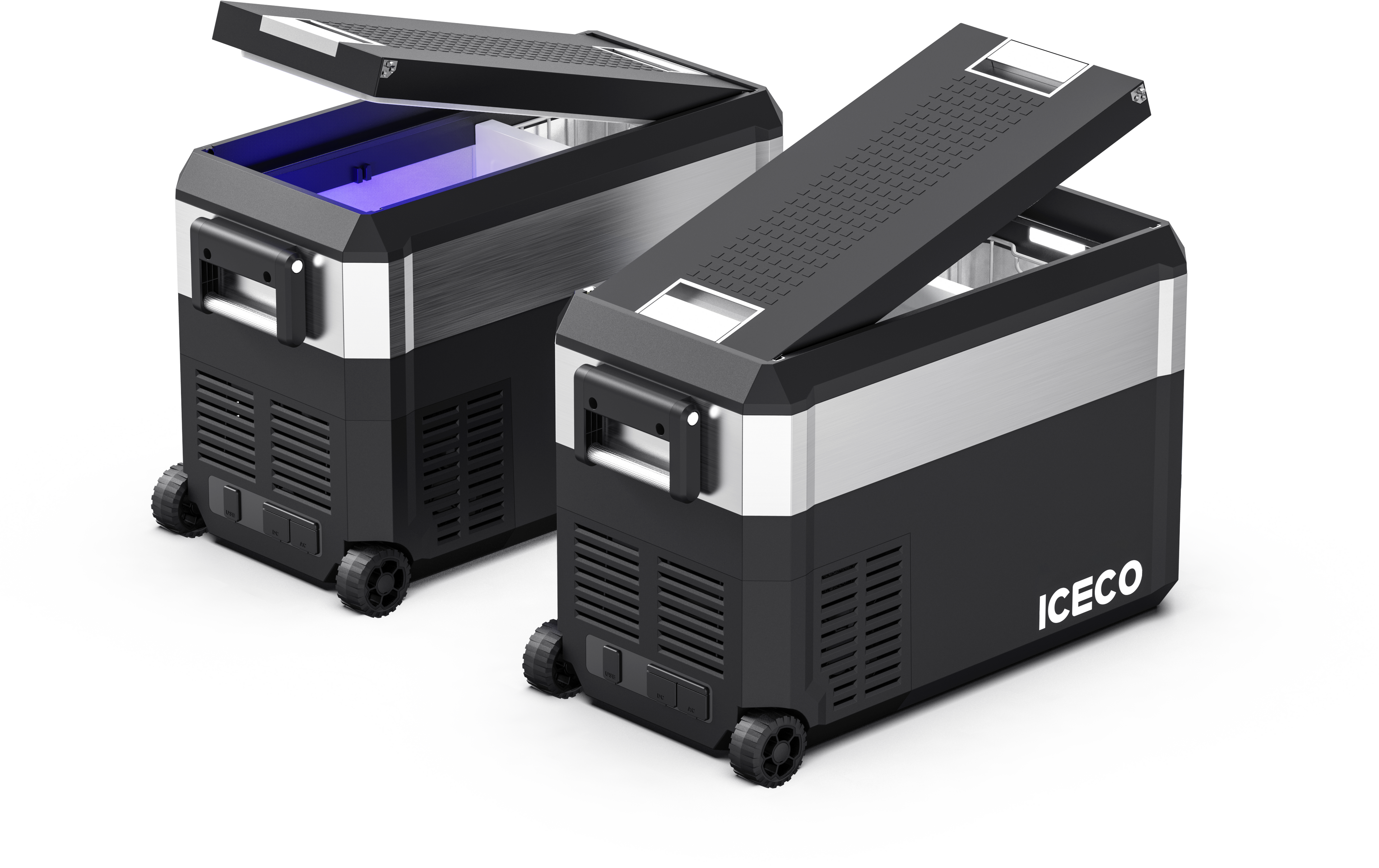 ICECO JP40 Pro dual zone wheeled fridge freezer with both lids open, showing the two cooling zones