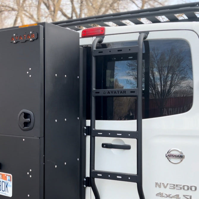 Avatar Offroad rear ladder for the Nissan NV3500 alongside a large storage box on the van rear doors