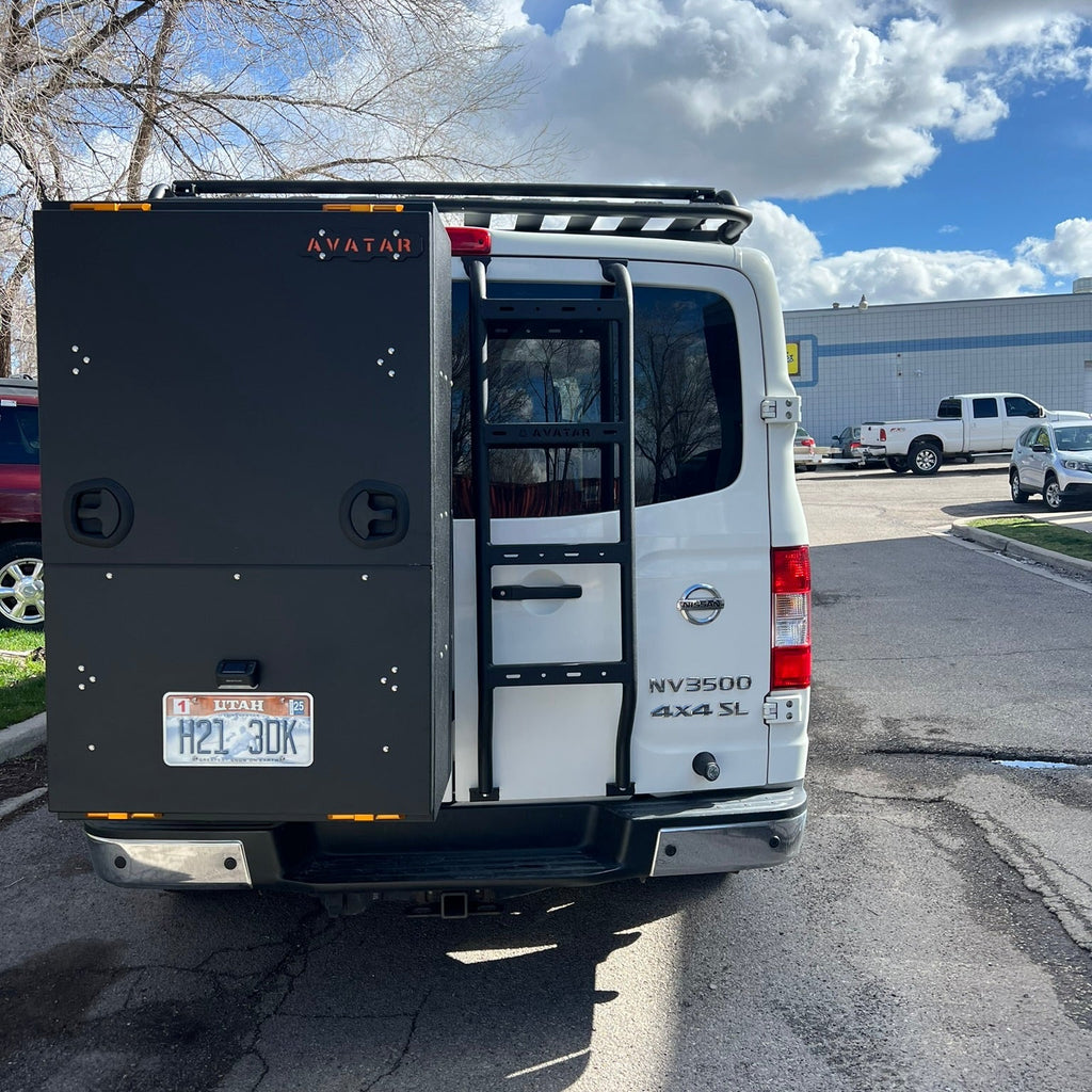 Alternate view of the Avatar Offroad Rear Ladder for Nissan NV3500, part of the Avatar Offroad van storage and overland range