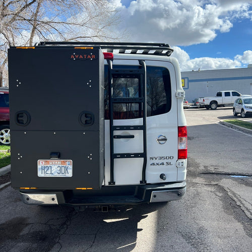Alternate view of the Avatar Offroad Rear Ladder for Nissan NV3500, part of the Avatar Offroad van storage and overland range