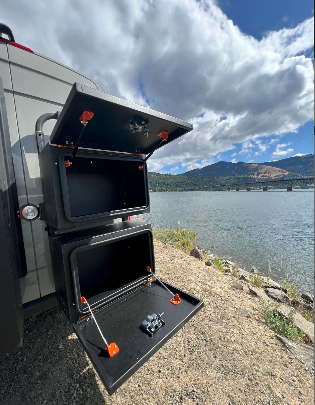 Alternate view of the Avatar Offroad Deka Small Rear Door Storage Box, fitted to an overland van build