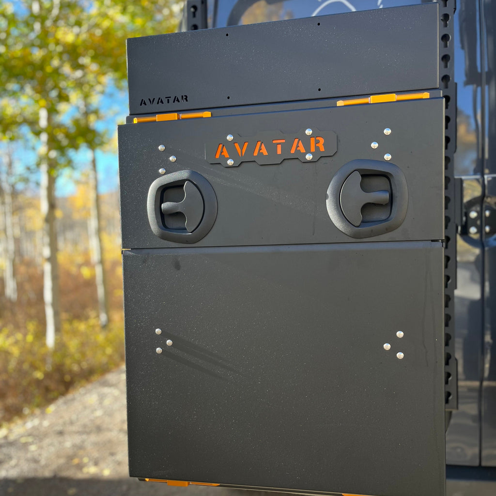 Angled view of the Avatar Offroad Niko Van Storage Box, part of the Avatar Offroad van storage and overland range