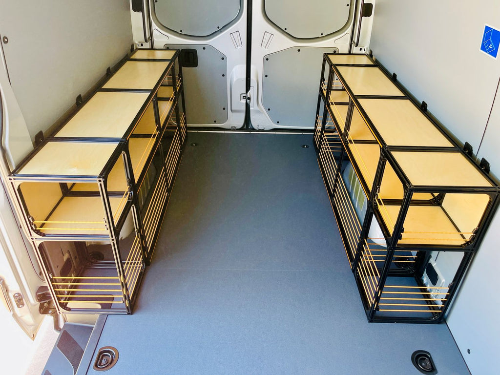 TNTvans Sprinter 144 modular shelving set installed along the wall of a Mercedes Sprinter cargo van