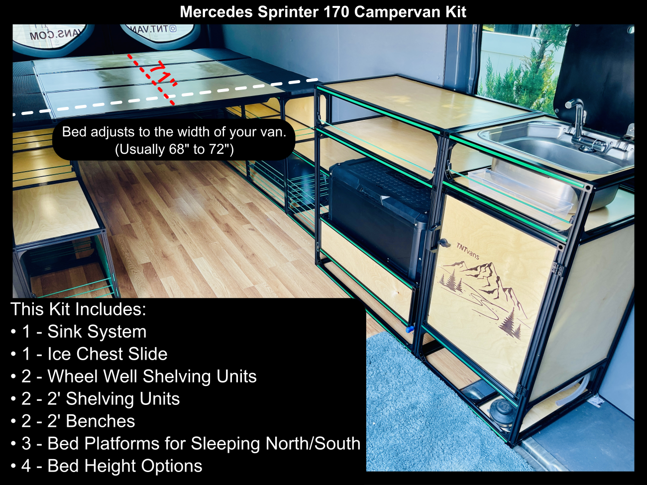 TNTvans Sprinter 170 campervan conversion kit laid out with bed platform and kitchen unit in a van