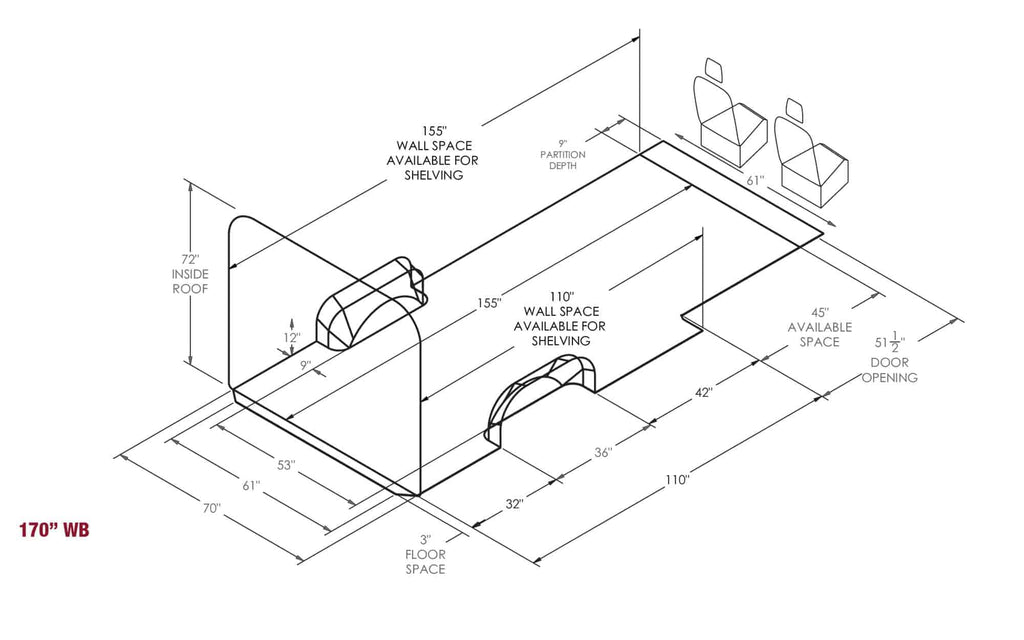 Specification diagram for the TNTvans Sprinter 170 Campervan Conversion Kit, part of a DIY camper van conversion interior