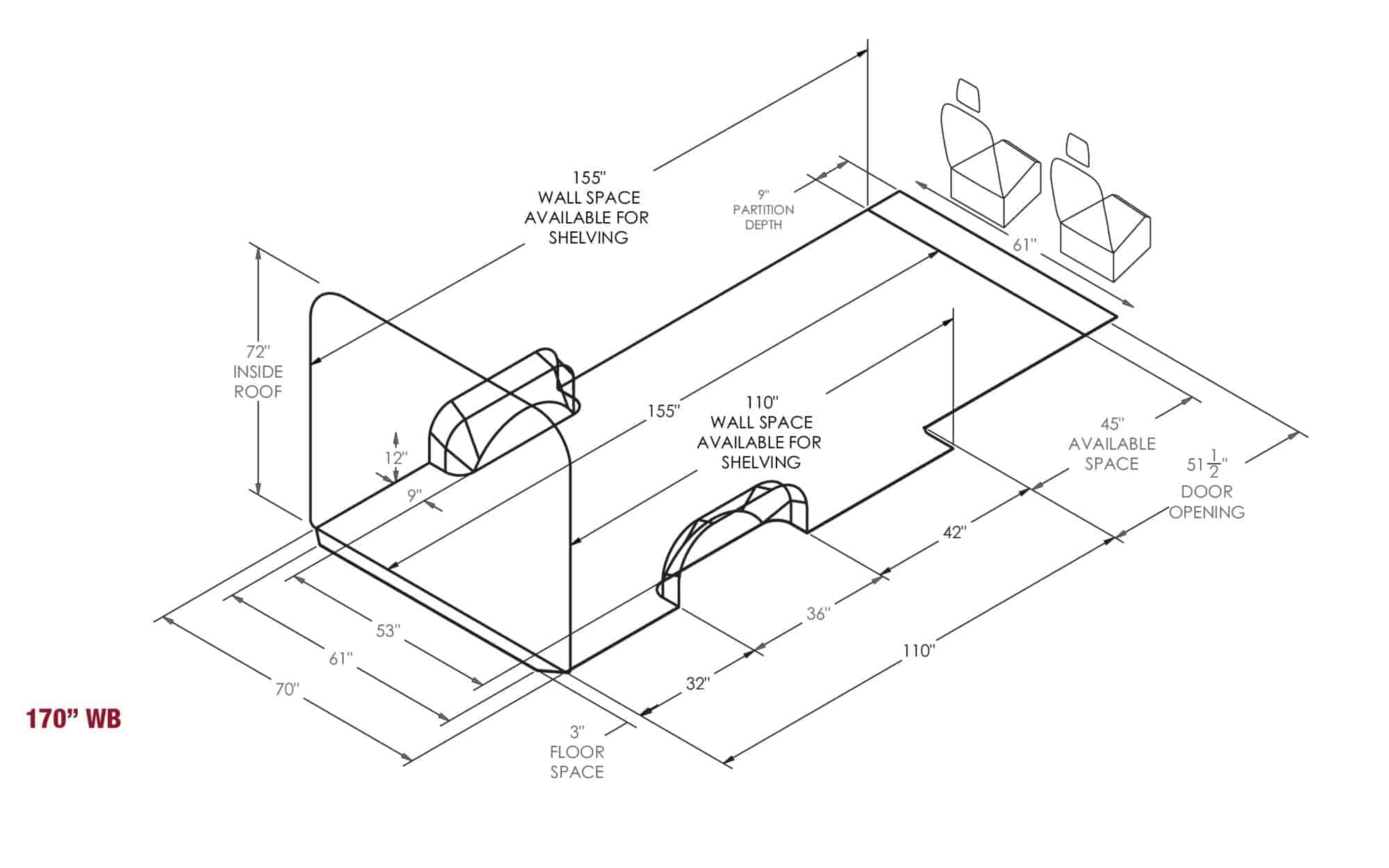Specification diagram for the TNTvans Sprinter 170 Campervan Conversion Kit, part of a DIY camper van conversion interior