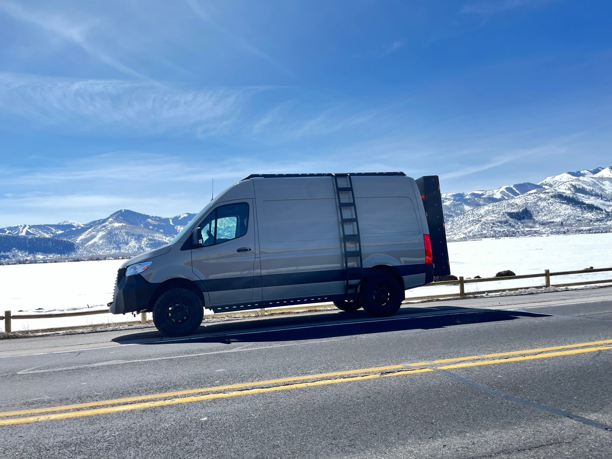 Alternate view of the Avatar Offroad Ultra Rack Low Profile Sprinter Roof Rack, fitted to an overland van build