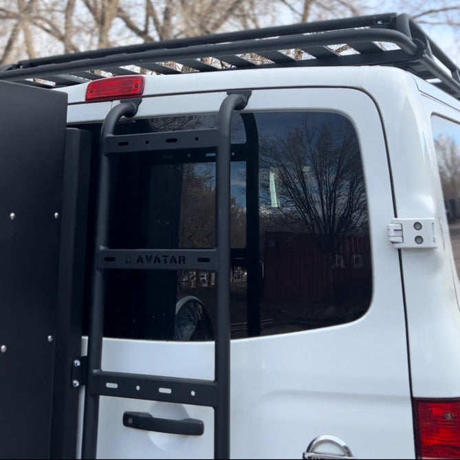 Additional view of the Avatar Offroad Rear Ladder for Nissan NV3500, fitted to an overland van build
