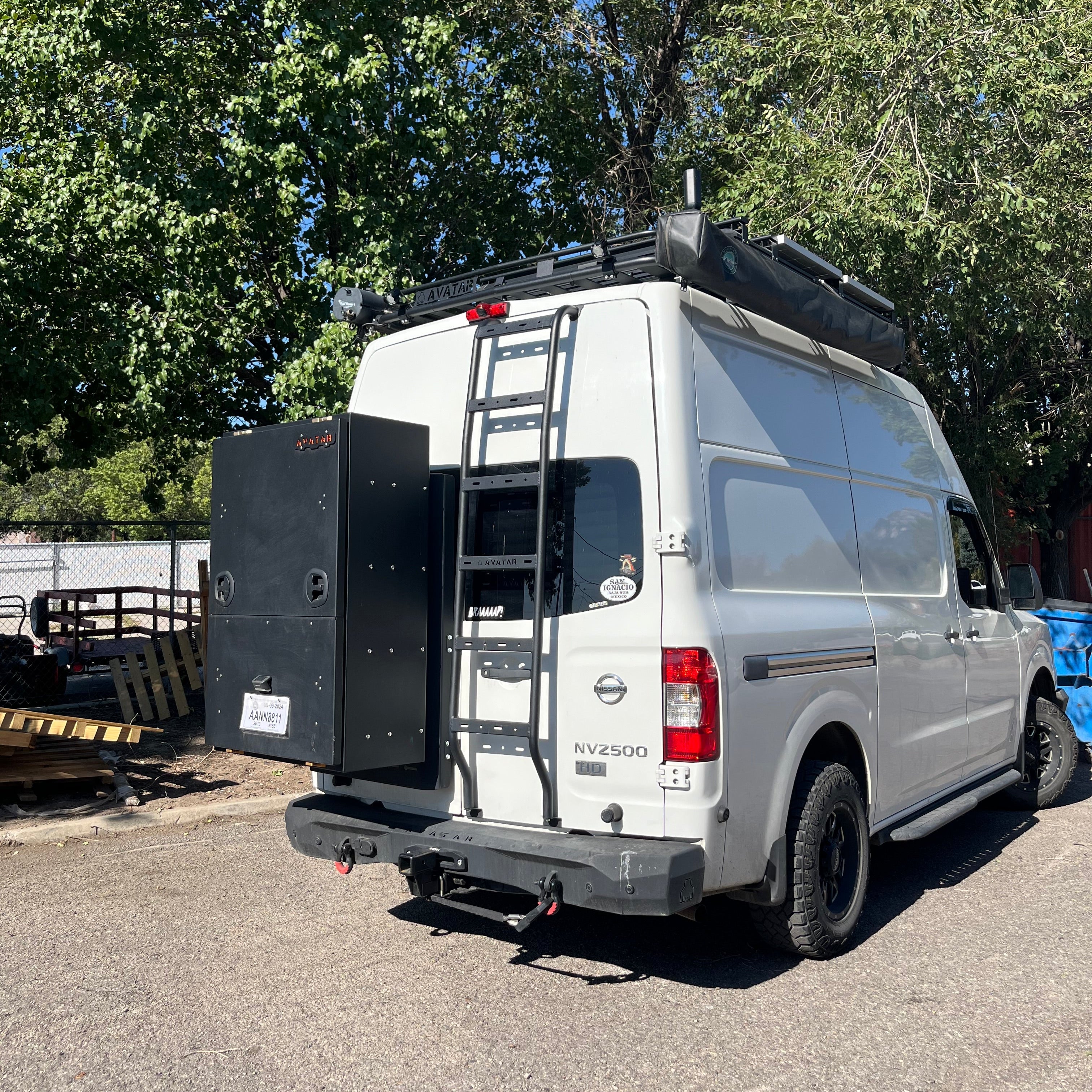 Another angle on the Avatar Offroad Rear Ladder for Nissan NV3500, part of the Avatar Offroad van storage and overland range