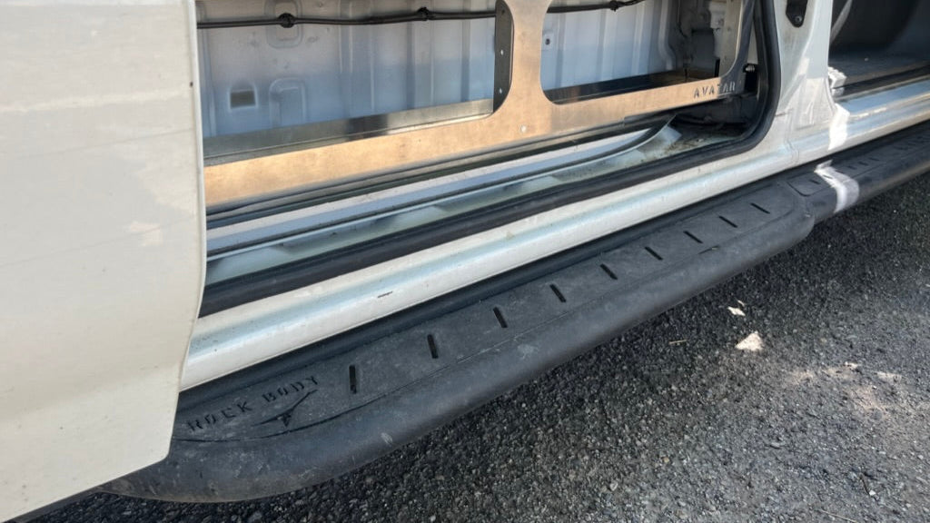 Additional view of the Avatar Offroad Rockbody Side Steps for Nissan NV3500, fitted to an overland van build