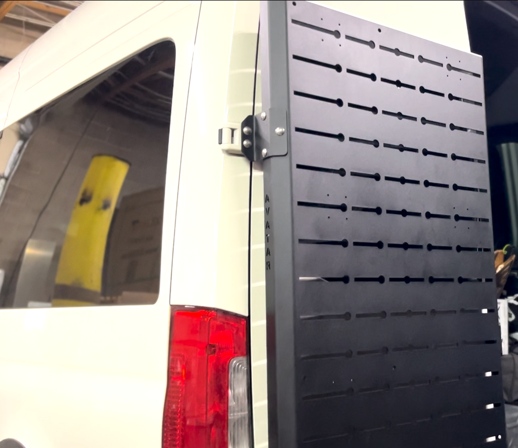 Avatar Offroad Sir Packs-a-lot storage mounting system fitted to the rear doors of a Mercedes Sprinter