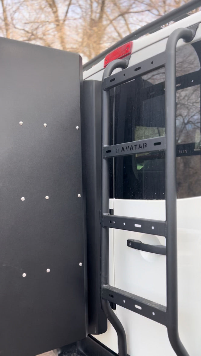 Rear view of the Avatar Offroad Rear Ladder for Nissan NV3500, part of the Avatar Offroad van storage and overland range