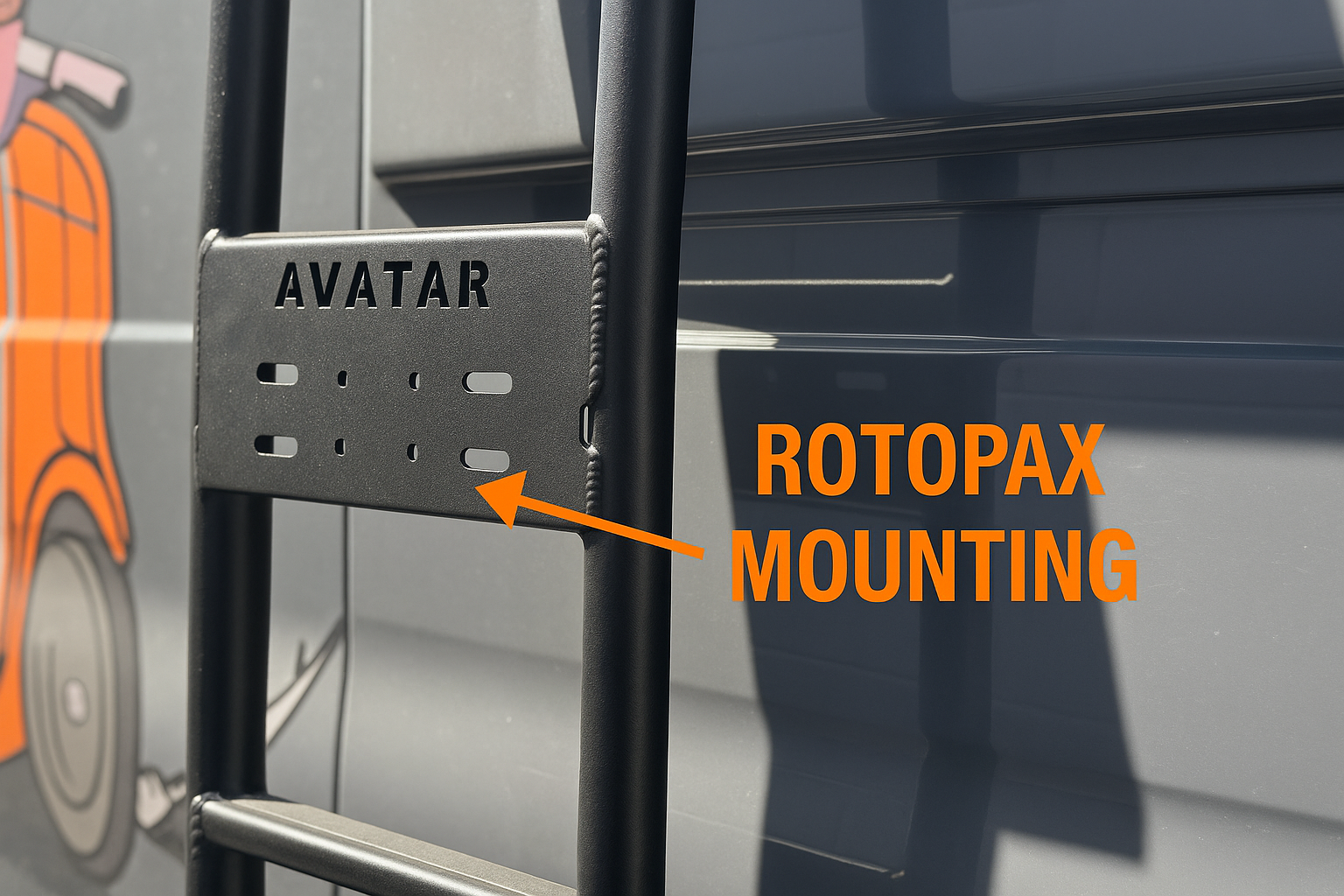 Additional view of the Avatar Offroad Side Ladder for Mercedes Sprinter, fitted to an overland van build