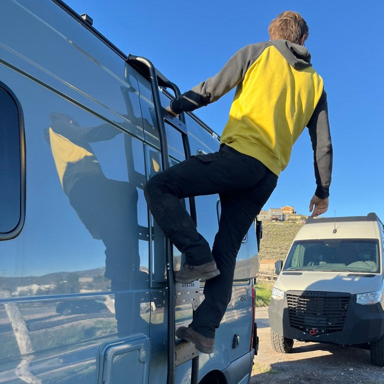 Further view of the Avatar Offroad Side Ladder for Mercedes Sprinter, fitted to an overland van build