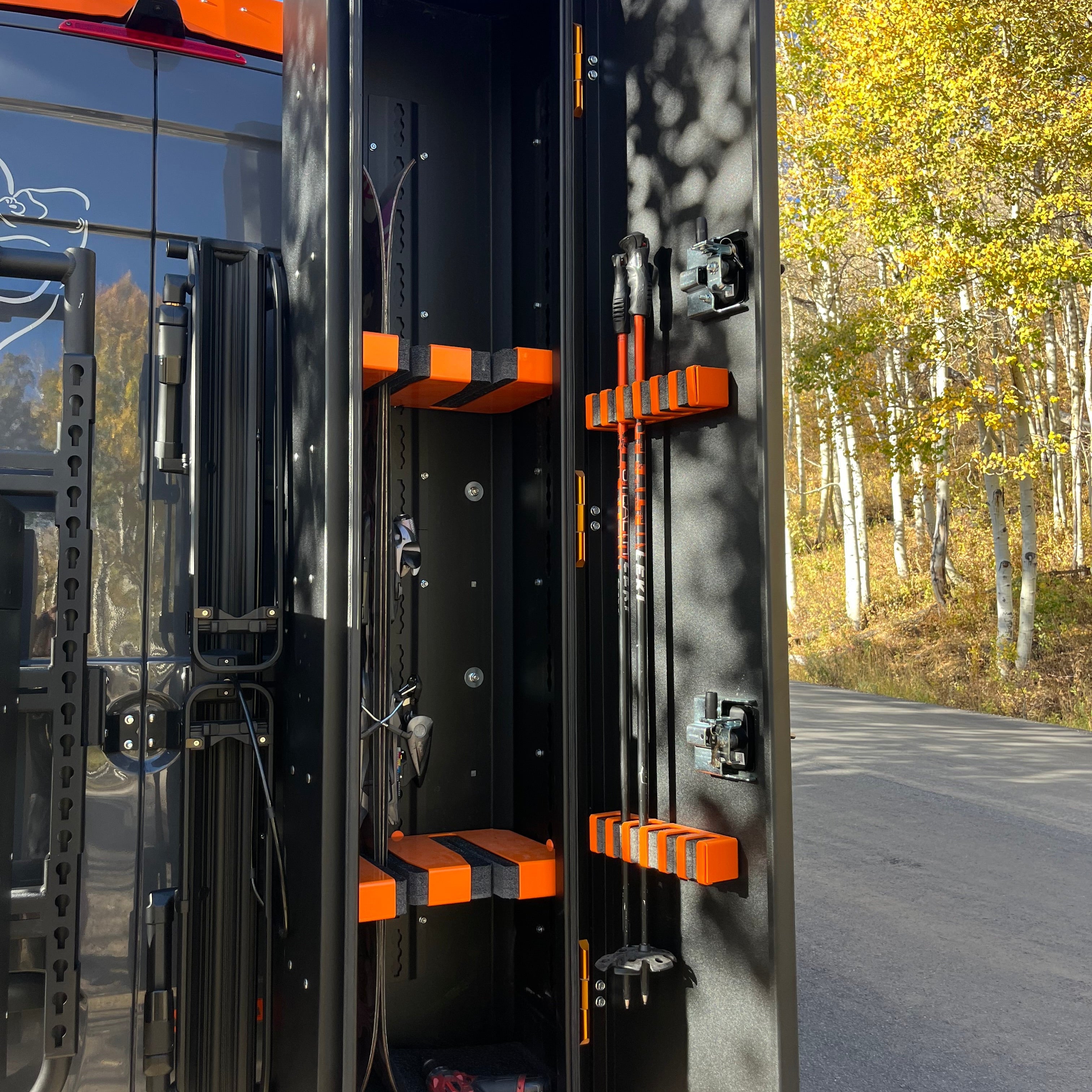 Another angle on the Avatar Offroad Ski 4 Rear Door Ski and Snowboard Box, fitted to an overland van build