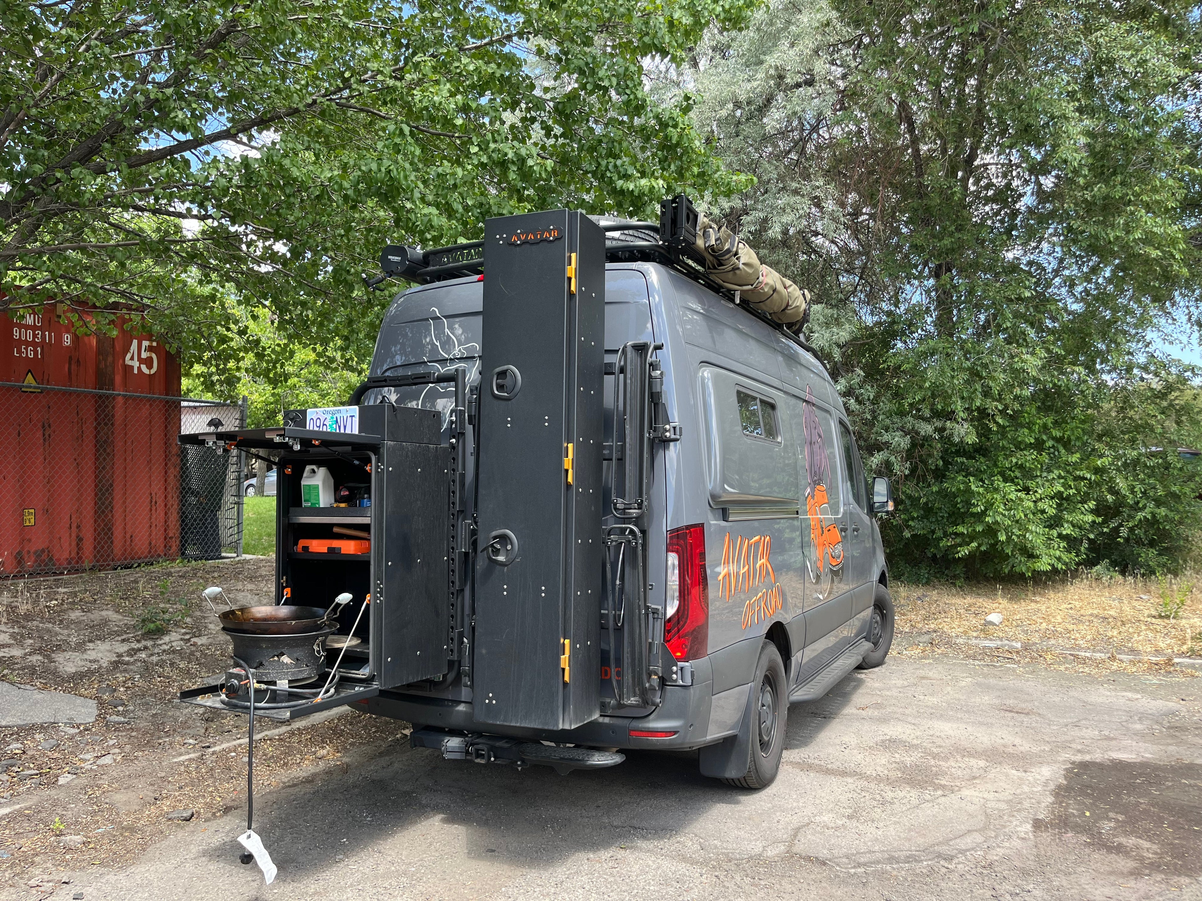 Further view of the Avatar Offroad Massif Van Rear Door Storage System, fitted to an overland van build