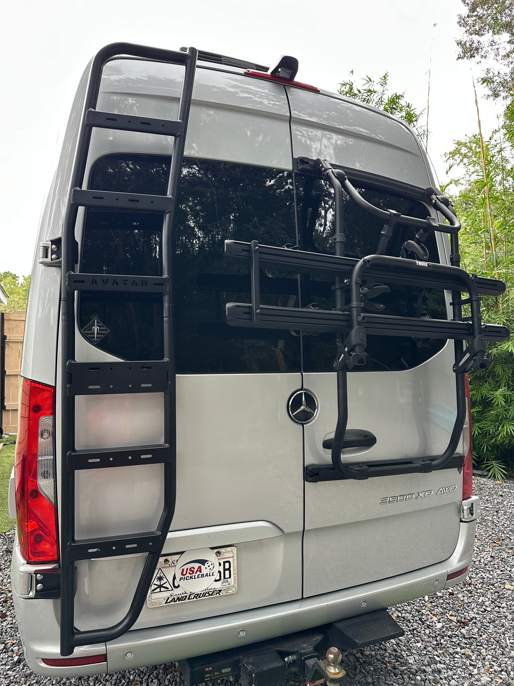 Avatar Offroad rear door ladder for the Mercedes Sprinter, a black powder coated ladder on the door