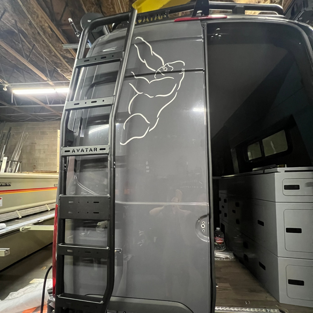 Rear view of the Avatar Offroad Rear Door Ladder for Sprinter, part of the Avatar Offroad van storage and overland range