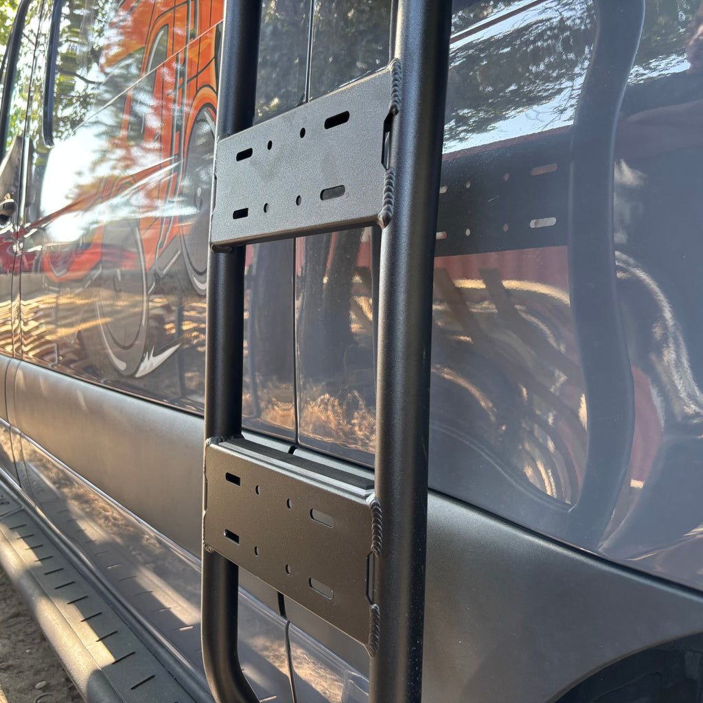 Close up of the Avatar Offroad Side Ladder for Mercedes Sprinter, part of the Avatar Offroad van storage and overland range