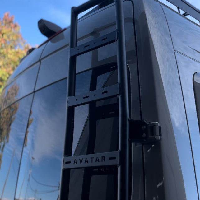 Wider view of the Avatar Offroad Rear Door Ladder for Sprinter, part of the Avatar Offroad van storage and overland range