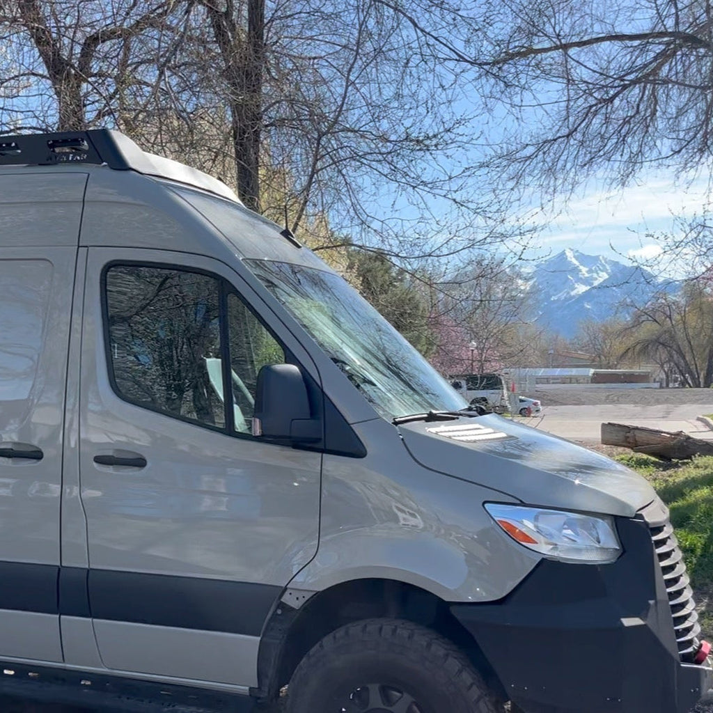 Close up of the Avatar Offroad Pioneer Roof Rack for Sprinter, part of the Avatar Offroad van storage and overland range