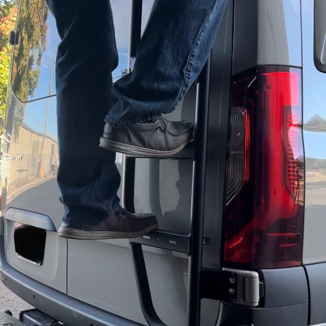Additional view of the Avatar Offroad Rear Door Ladder for Sprinter, fitted to an overland van build