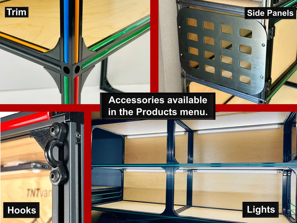 Another angle on the TNTvans Sprinter 144 Modular Shelving Set, part of a DIY camper van conversion interior