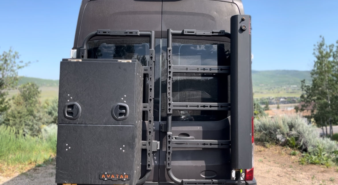 Wider view of the Avatar Offroad Massif Van Rear Door Storage System, fitted to an overland van build