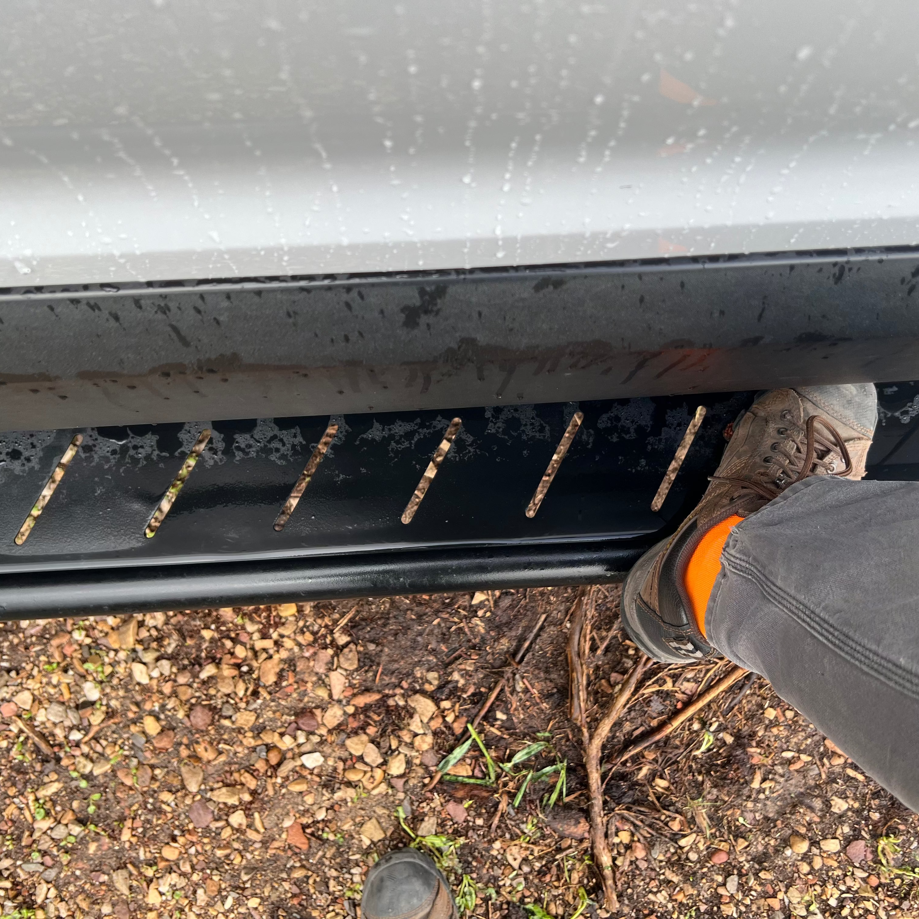 Further view of the Avatar Offroad Rockbody Side Steps for Ford Transit, fitted to an overland van build