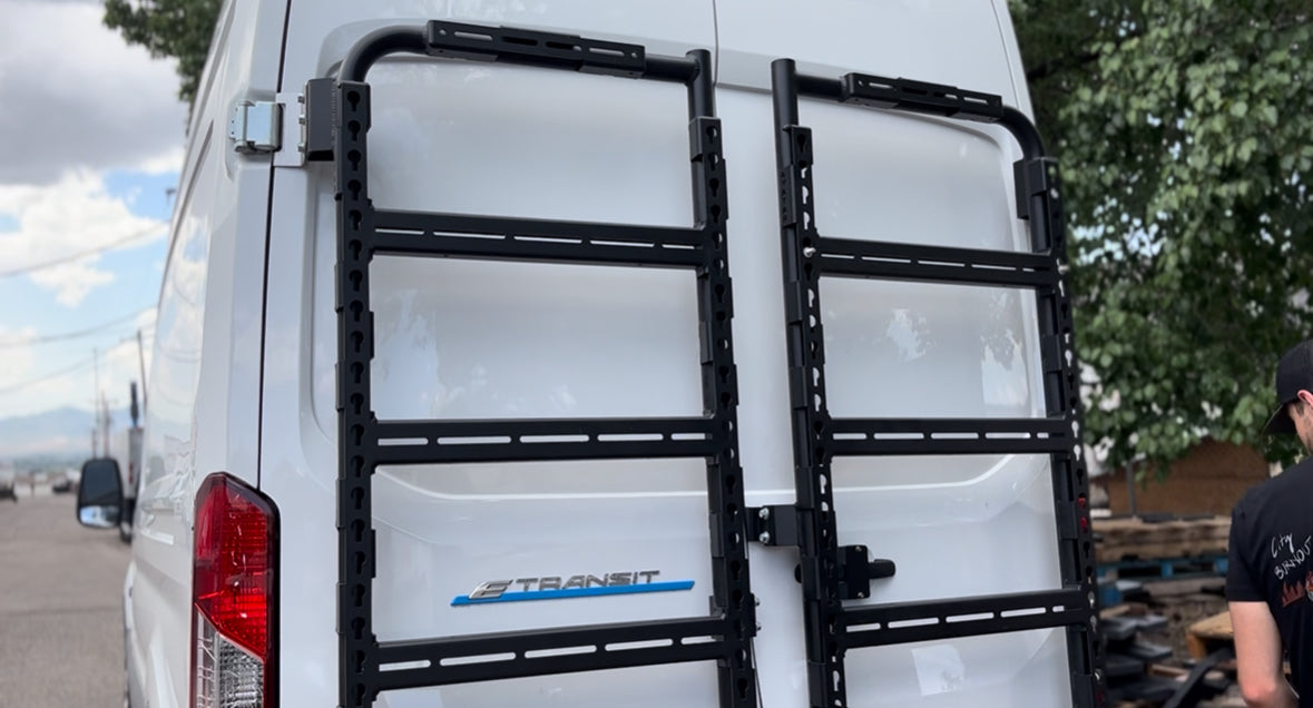 Another angle on the Avatar Offroad Massif Van Rear Door Storage System, fitted to an overland van build