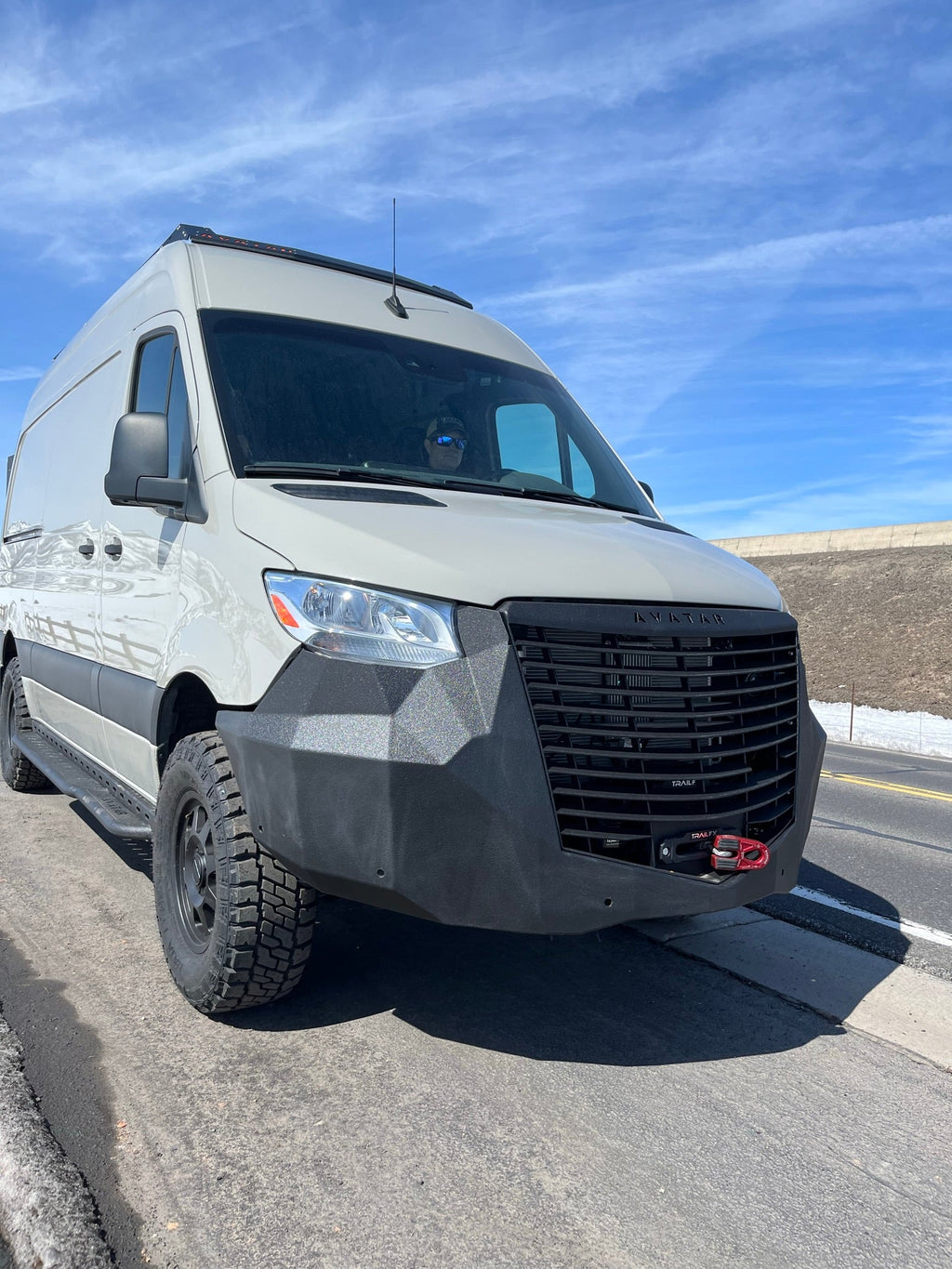 Close up of the Avatar Offroad Ultra Rack Low Profile Sprinter Roof Rack, fitted to an overland van build