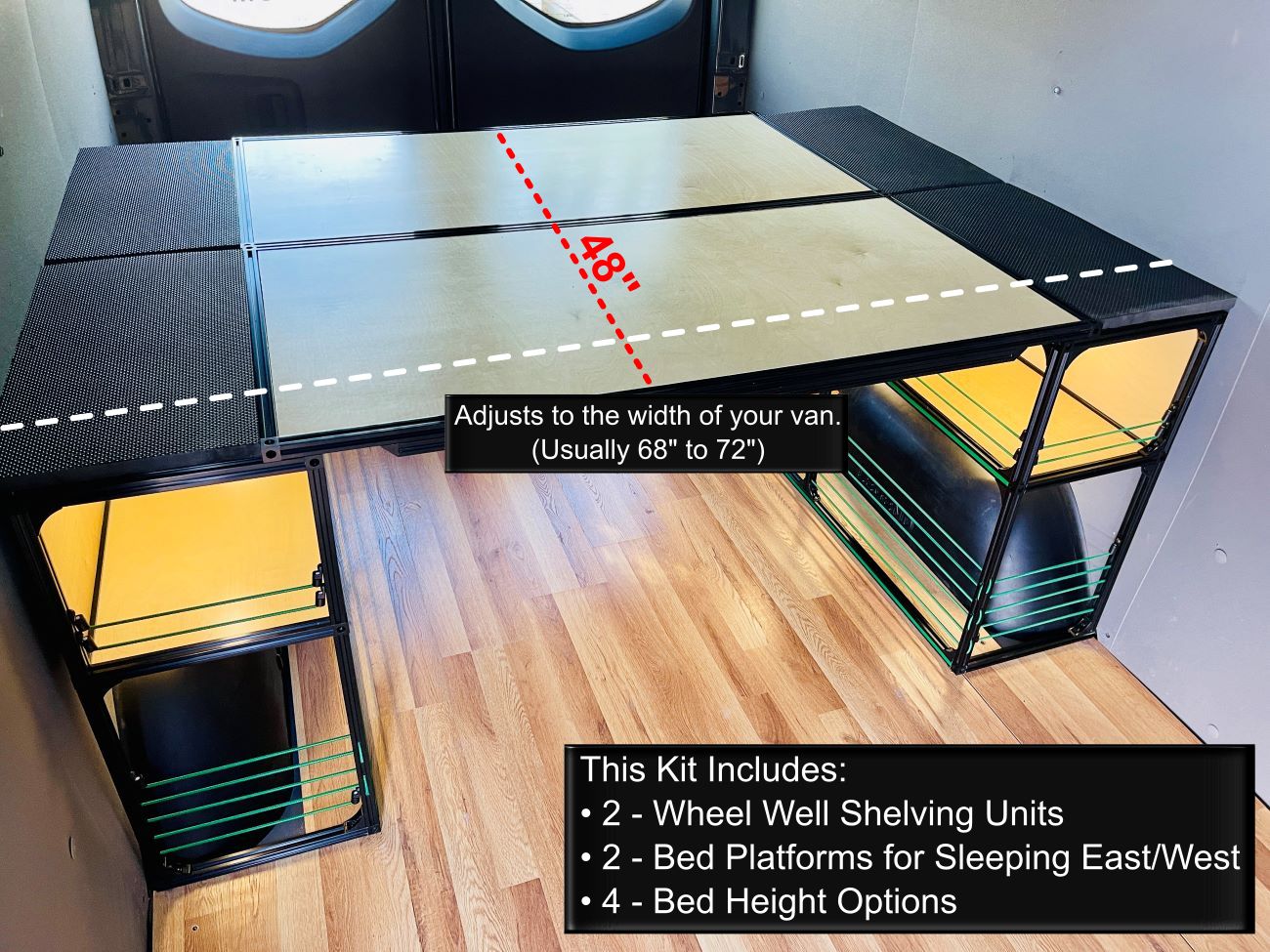TNTvans 48 inch van bed and shelving kit built into a camper van with birch plywood and black tube