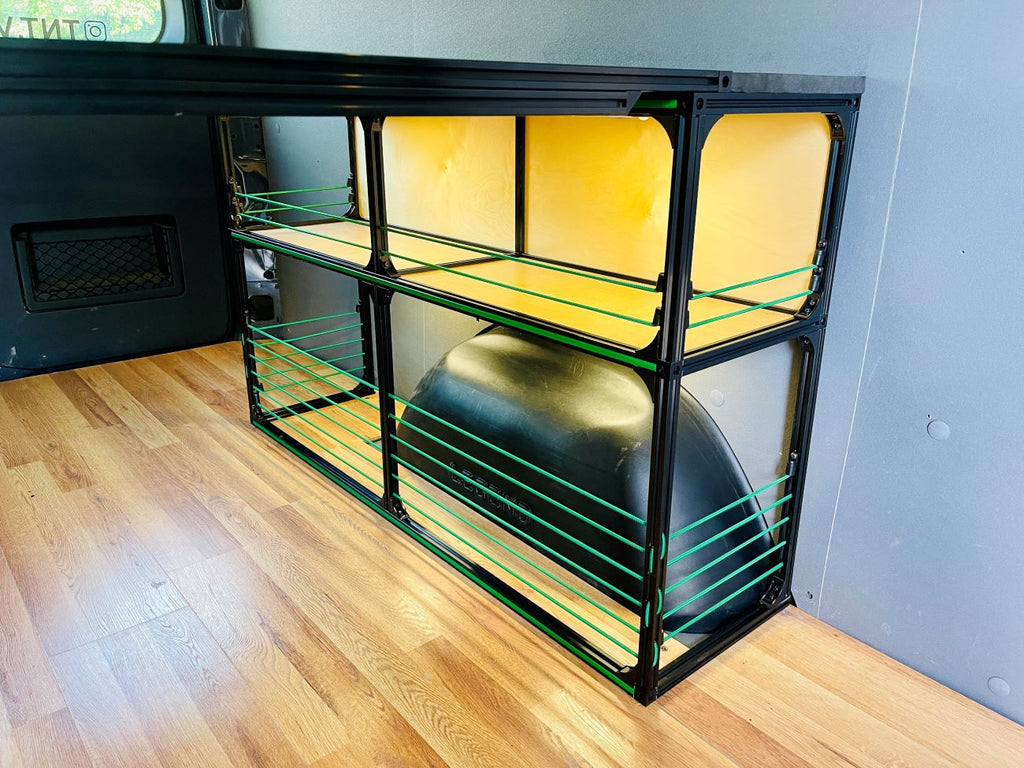 Alternate view of the TNTvans 48 Inch Van Bed and Shelving Kit, part of a DIY camper van conversion interior