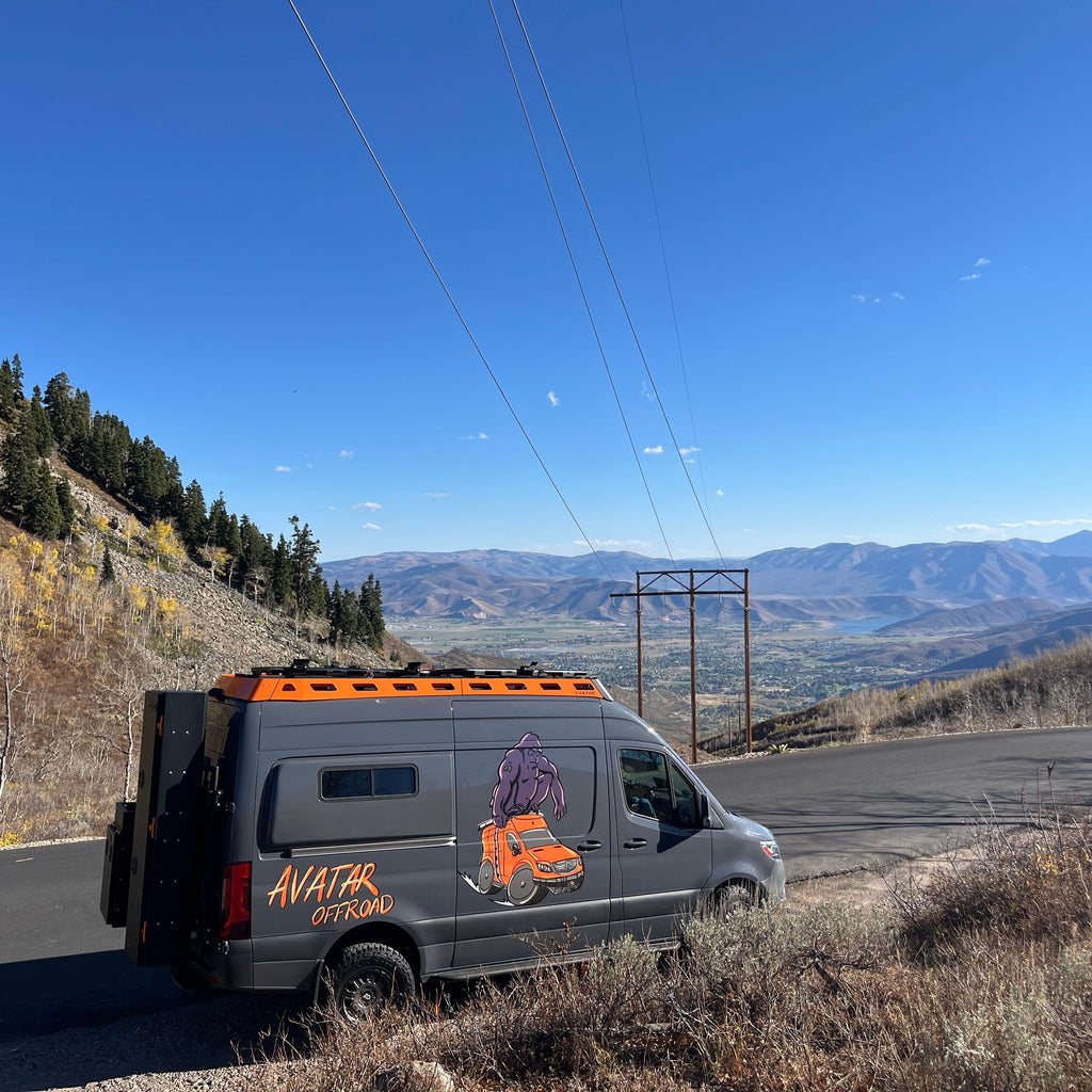 Wider view of the Avatar Offroad Pioneer Roof Rack for Sprinter, part of the Avatar Offroad van storage and overland range