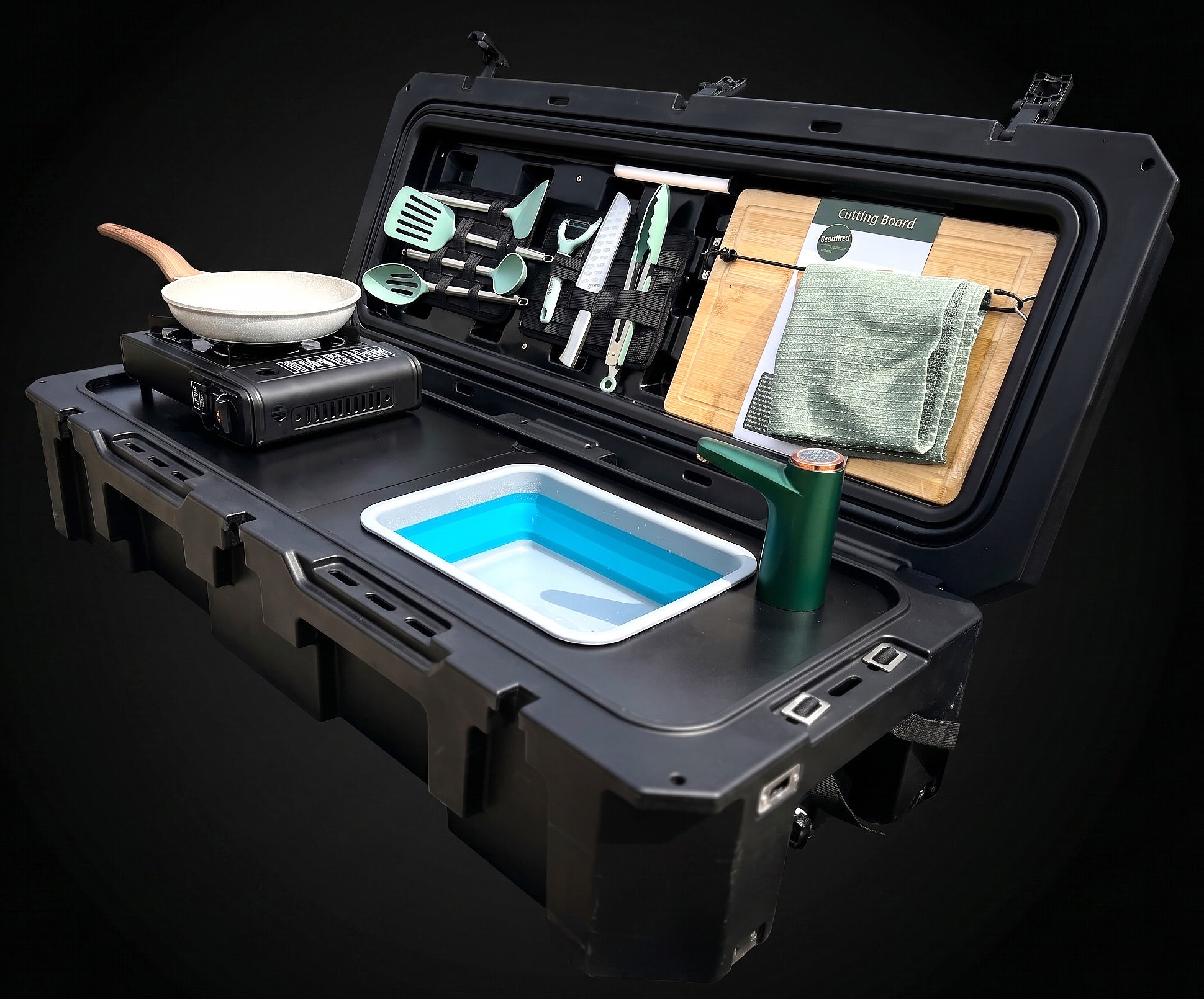 Alternate view of the VOZ Camp Kitchen Portable Cook Station, a portable cook station for vehicle based camp meals
