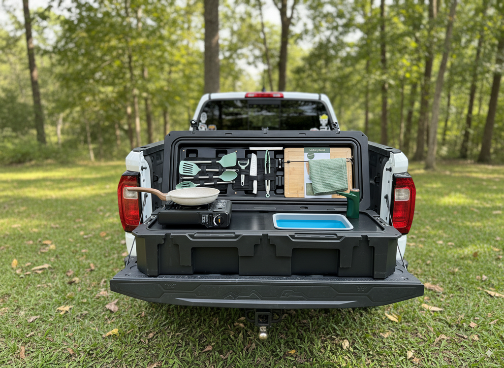 Field view of the VOZ Camp Kitchen Portable Cook Station, a portable cook station for vehicle based camp meals