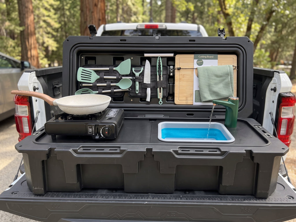 Another angle on the VOZ Camp Kitchen Portable Cook Station, a portable cook station for vehicle based camp meals