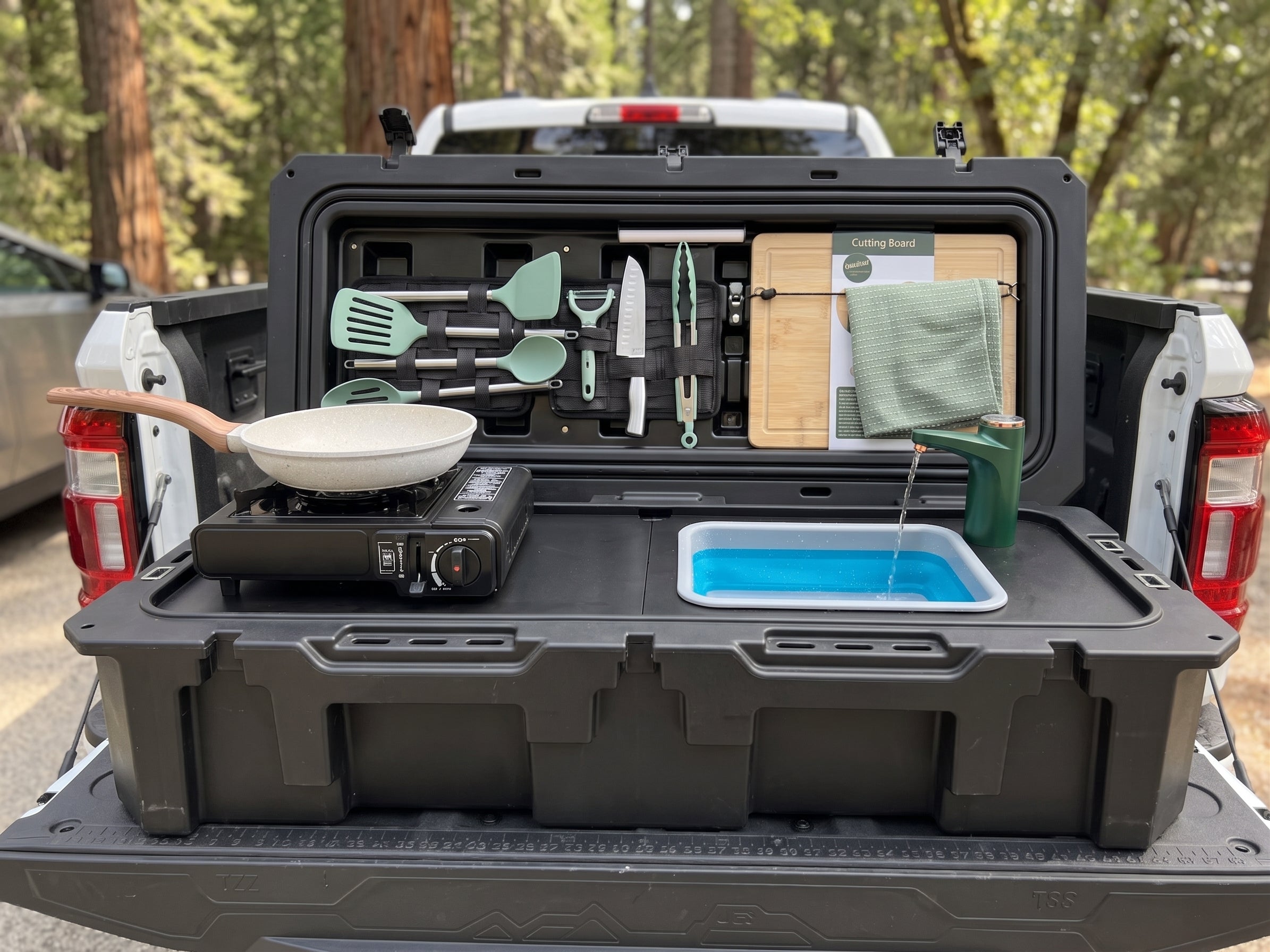 Another angle on the VOZ Camp Kitchen Portable Cook Station, a portable cook station for vehicle based camp meals