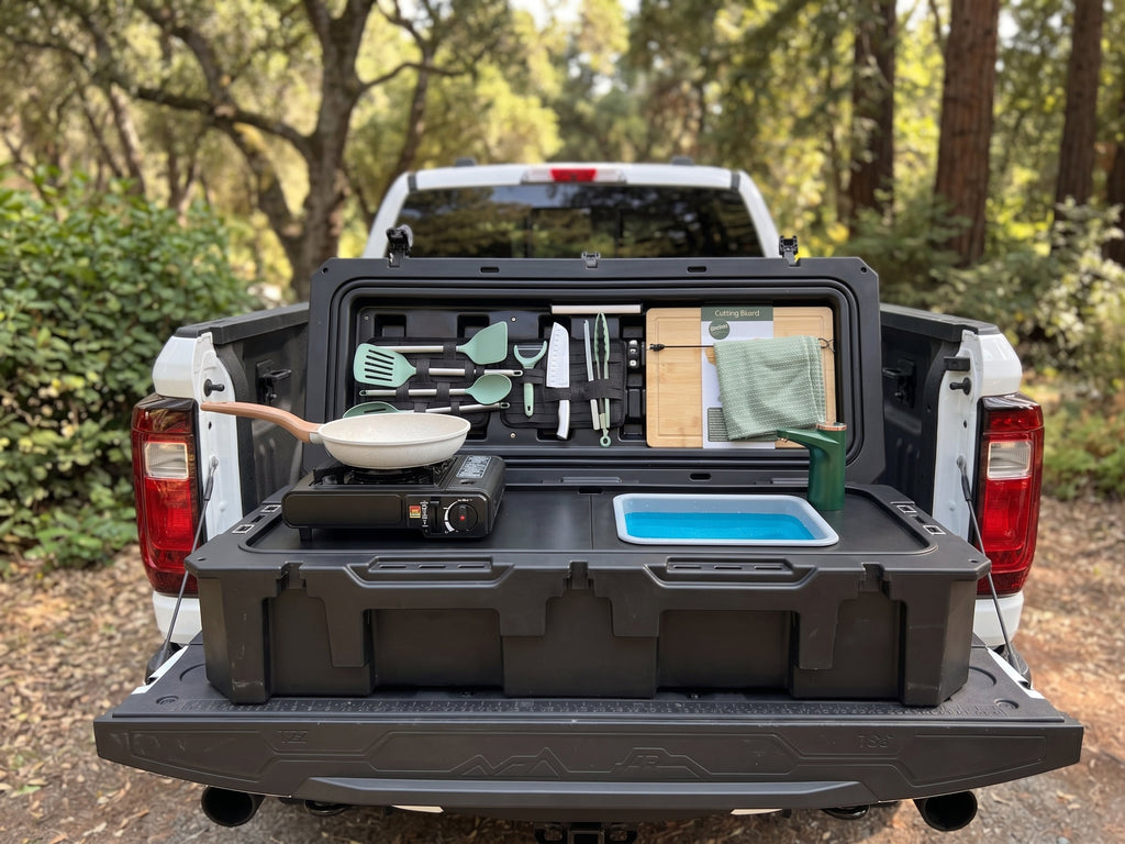 Packed view of the VOZ Camp Kitchen Portable Cook Station, a portable cook station for vehicle based camp meals