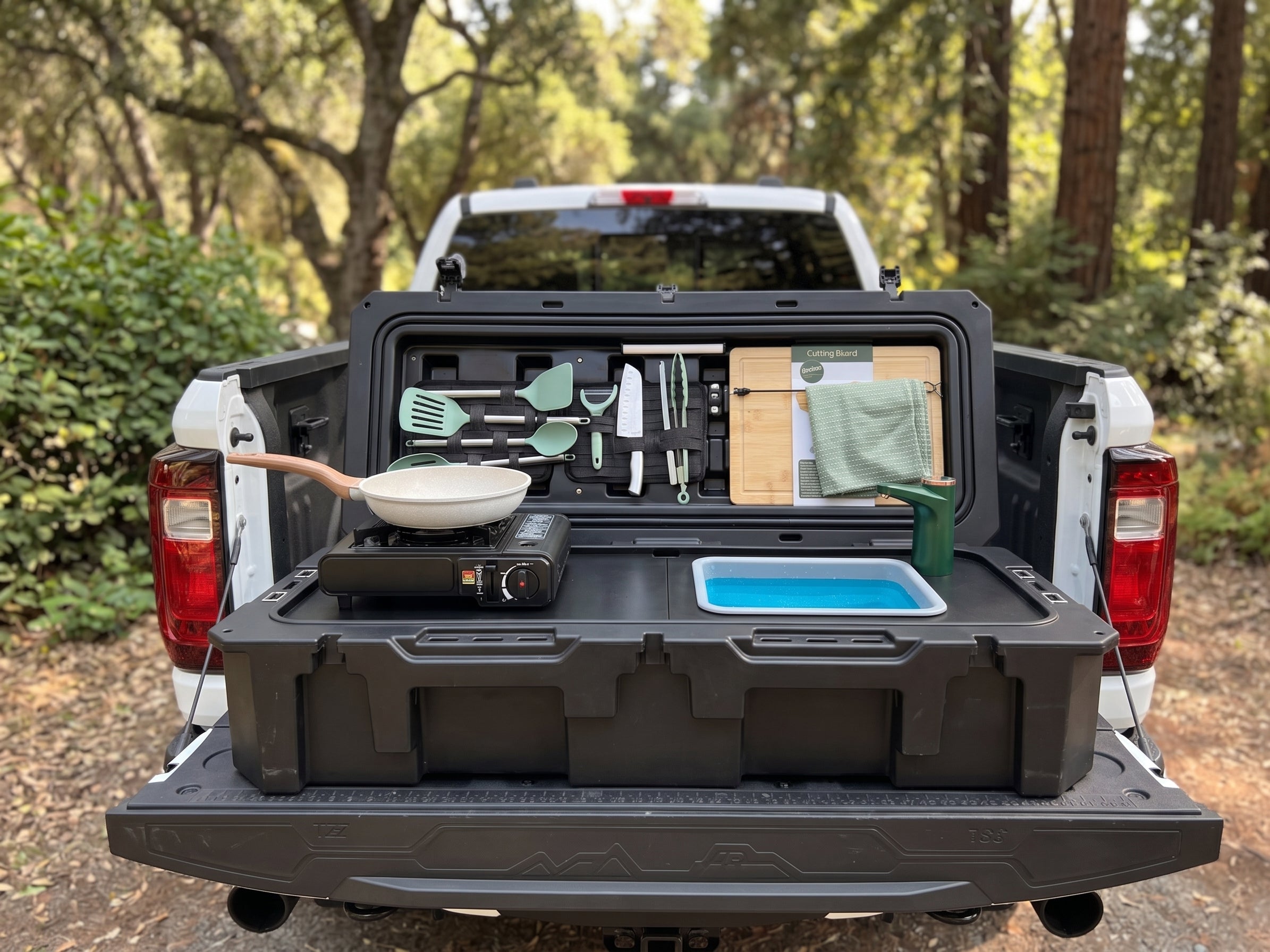 Packed view of the VOZ Camp Kitchen Portable Cook Station, a portable cook station for vehicle based camp meals