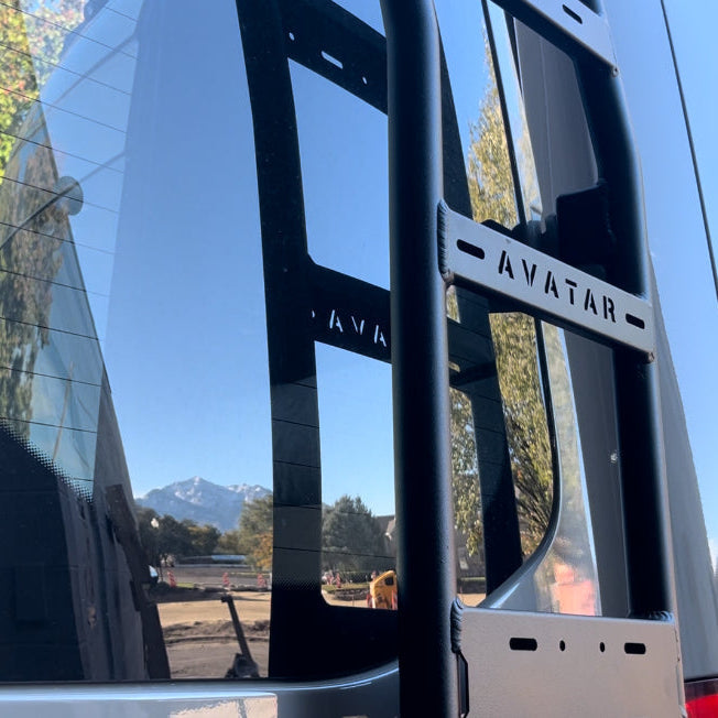 Another angle on the Avatar Offroad Rear Door Ladder for Sprinter, part of the Avatar Offroad van storage and overland range