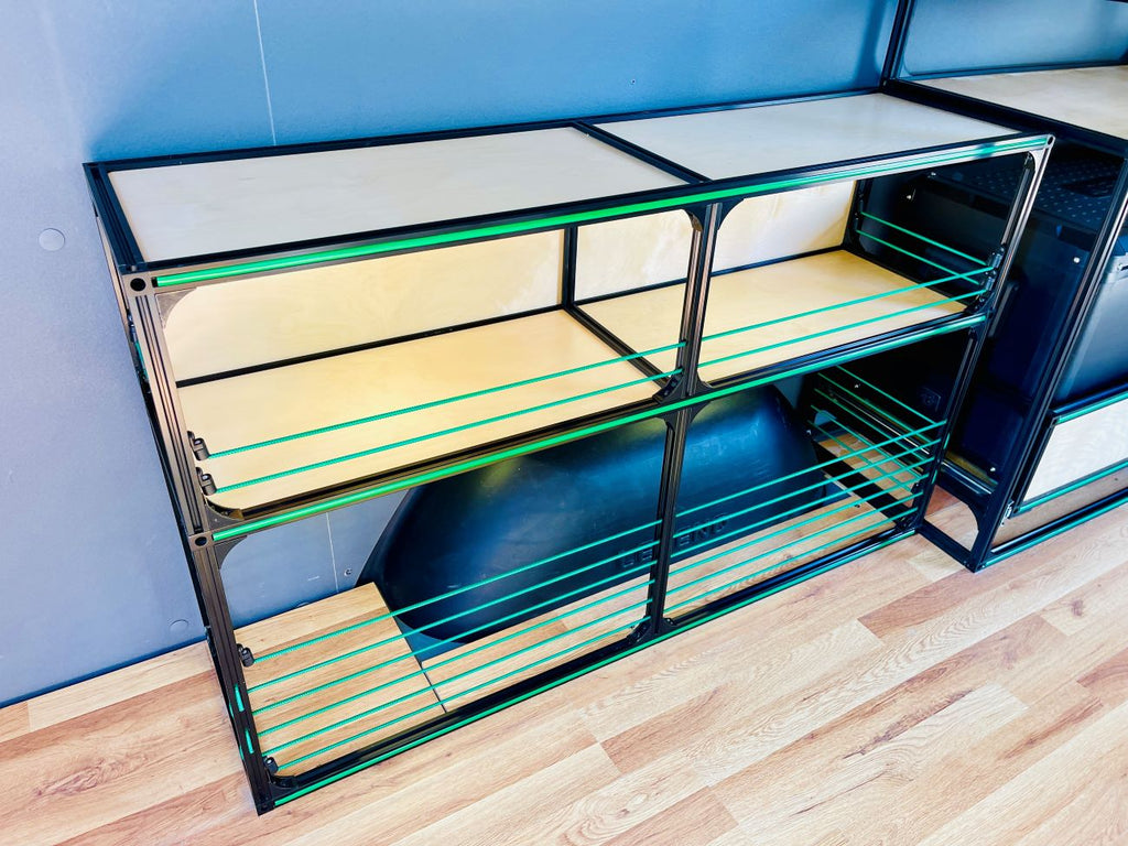 Close up of the TNTvans Wheel Well Shelving Kit for Camper Vans, part of a DIY camper van conversion interior